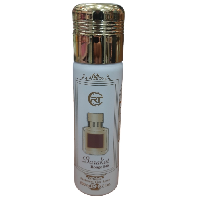 alt=اسپری خوشبوکننده بدن Barakat Rouge 540 سفید با درپوش طلایی و طرح شیشه عطر روی بدنه